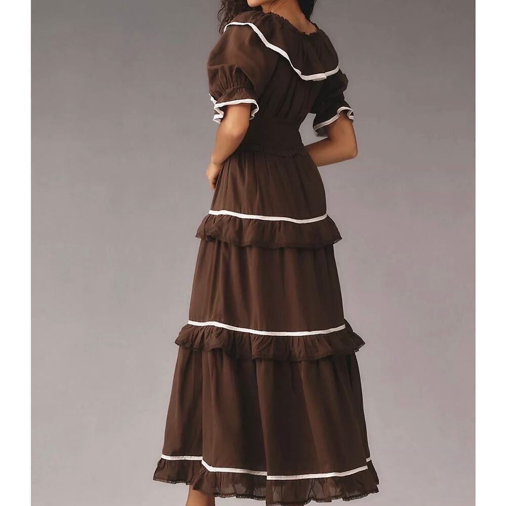 Anthropologie Puff Sleeve Scoop-Neck Tiered Maxi Dress Brown Western Size L - Picture 2 of 12